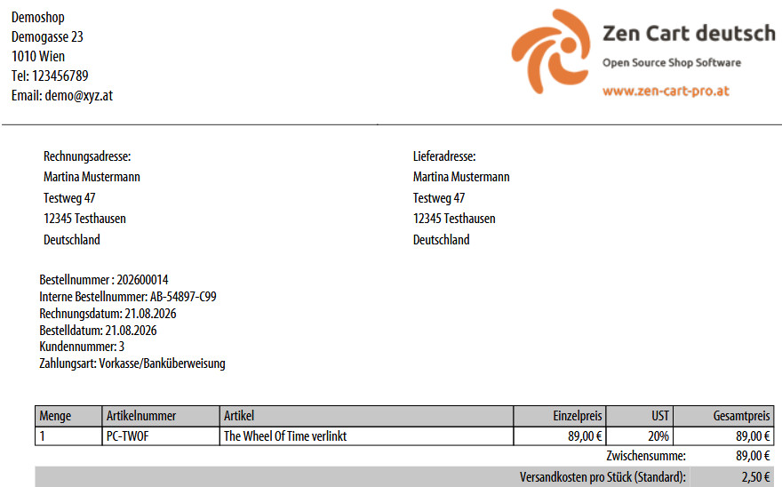 Interne Bestellnummer auf der pdf Rechnung