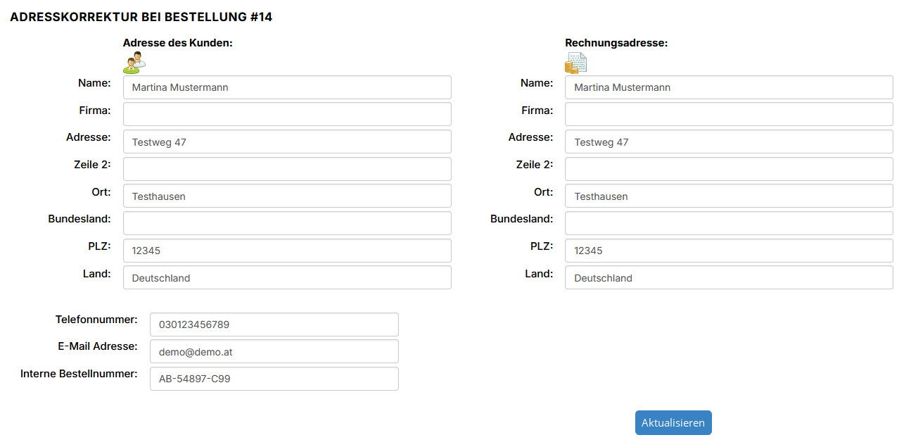 Interne Bestellnummer in der Adresskorrektur editierbar